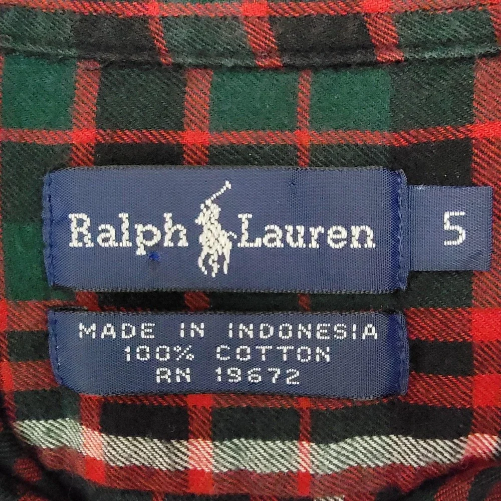 Ralph Lauren Shirt Boys 5 Green‎ Red Plaid Flannel Button Down Long Sleeve Pony
